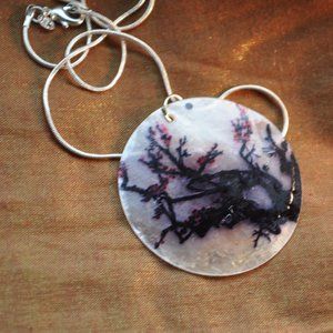 🐯capiz shell focal pendant 50mm cherry flower color 925 silver necklace (w5014)